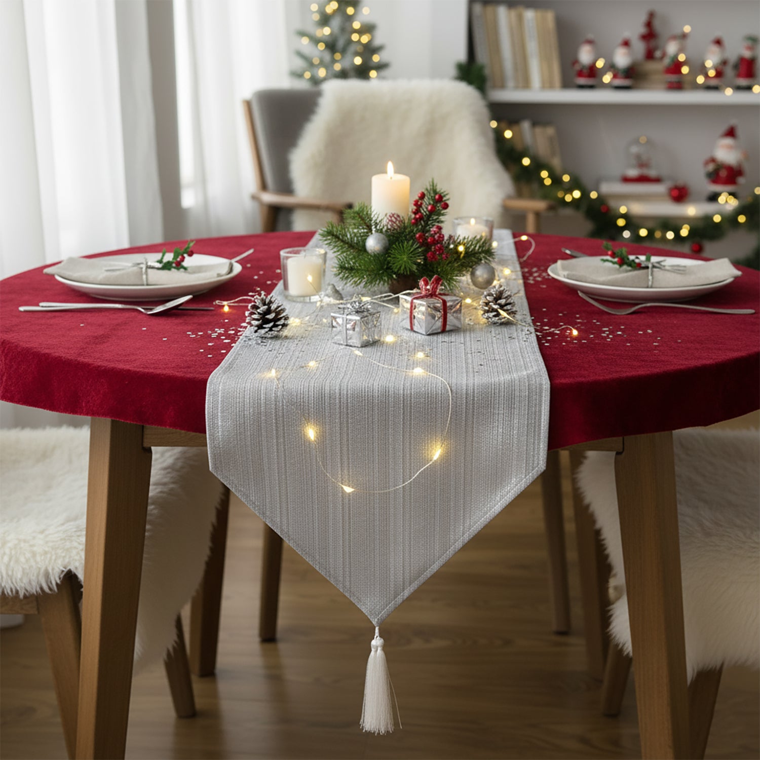 VESTIAMO CASA GRAN NATALE - Runner da Tavola Natalizio Silver con Nappine 32x180 cm